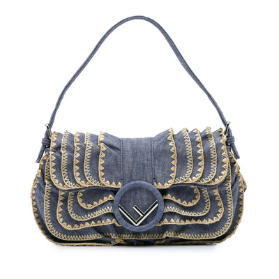 Fendi Embroided Denim Ruffled Baguette