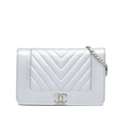 Chanel Chevron Quilted Metallic Lambskin Wallet On Chain