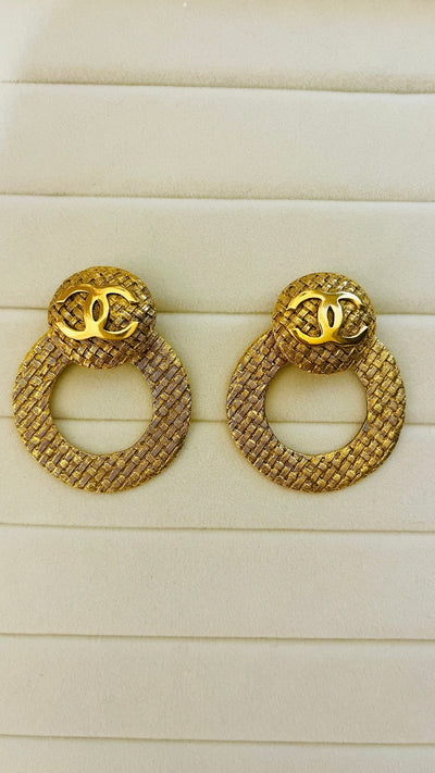 Chanel CC Woven 2 Way 24k Gold Plated Earrings