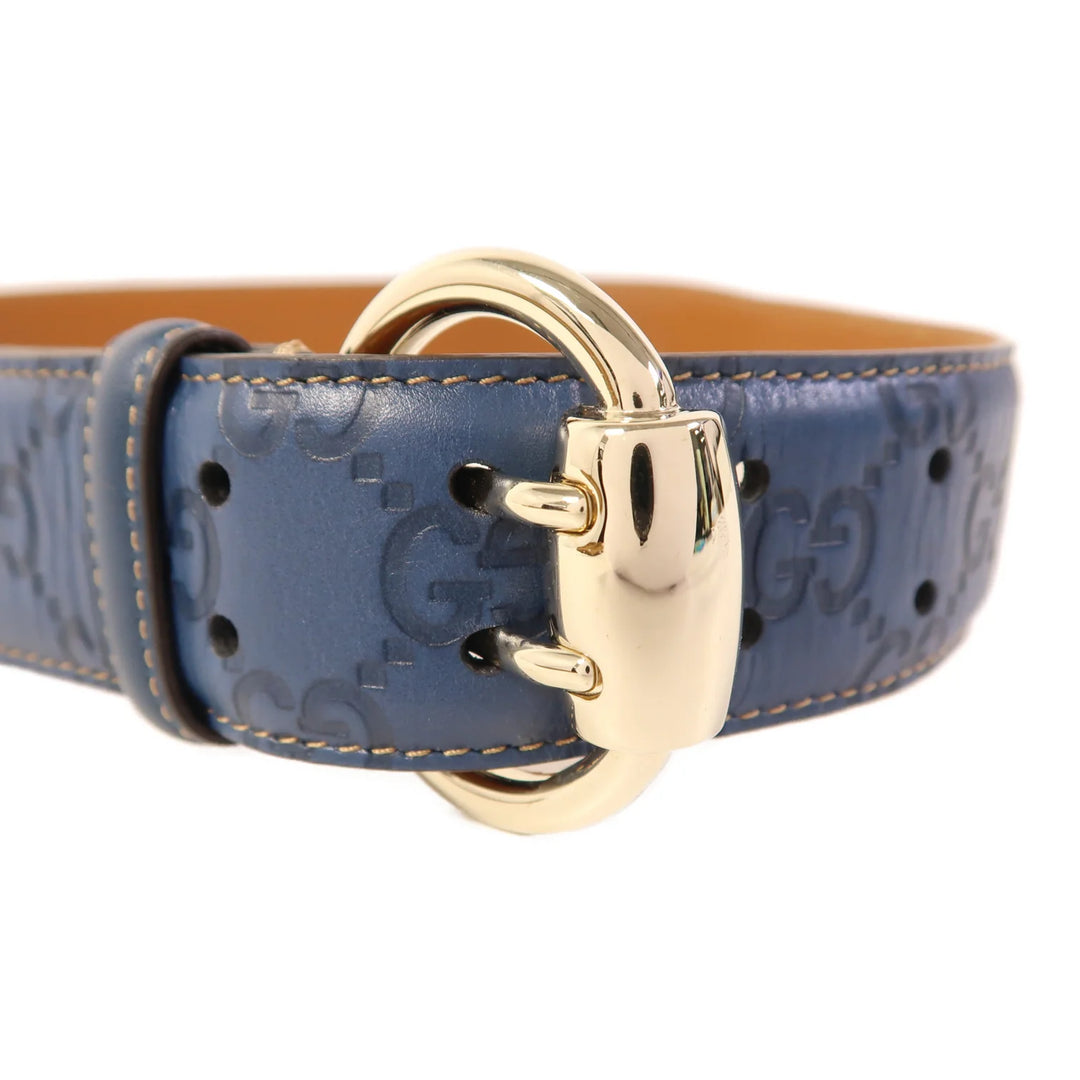 Gucci Blue Leather Belt with Gold Buckle Authentic Gucci Blue Calfskin Leather Gold Interlocking G  main image 3