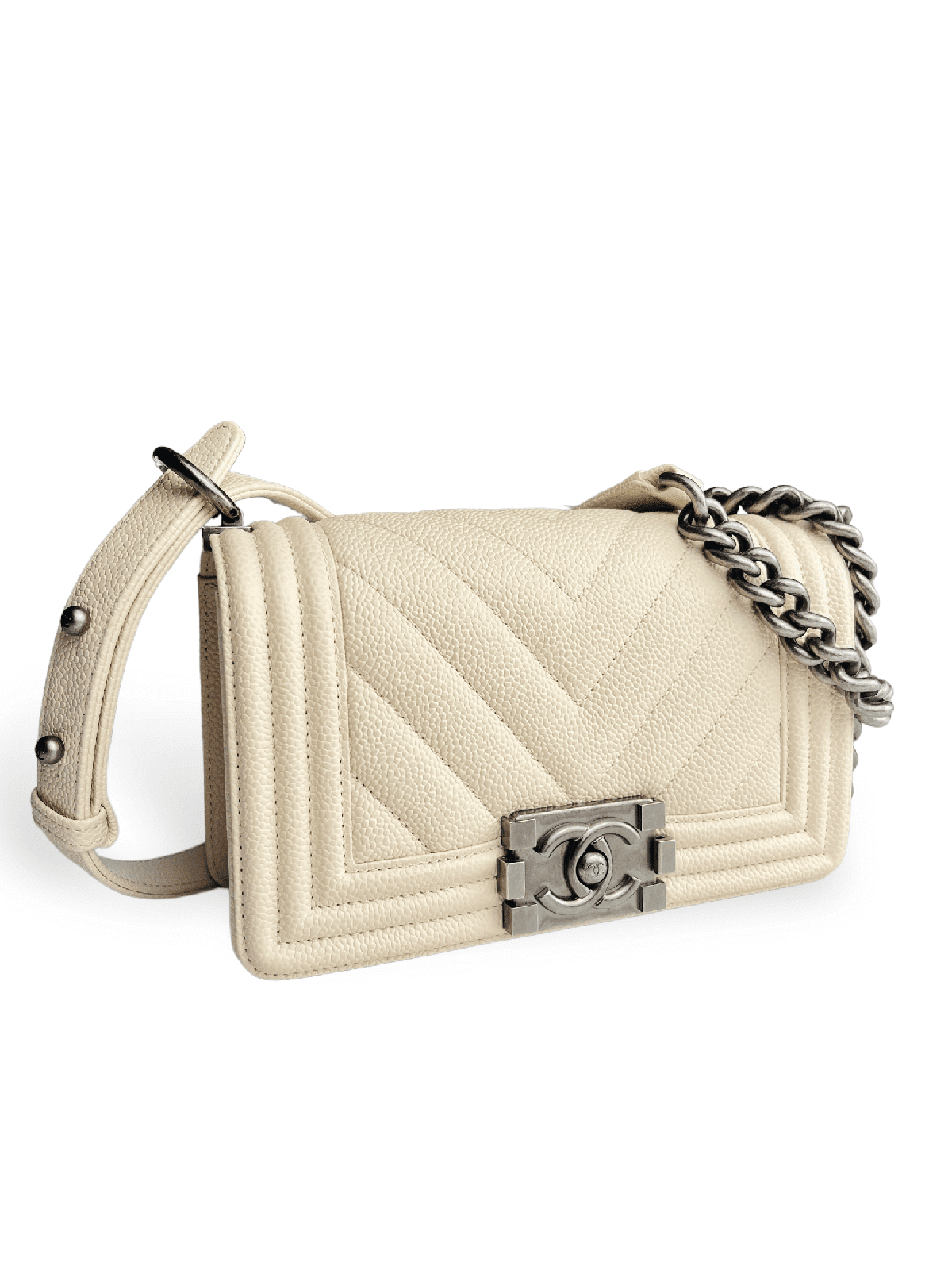 Chanel Beige Caviar Chevron Quilted Leather Boy Flap Wallet Chanel